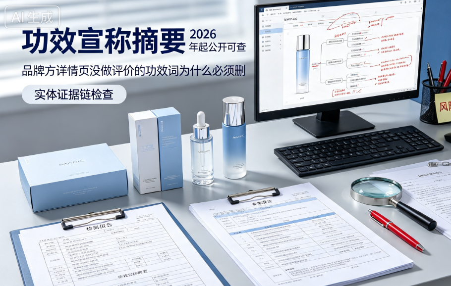 功效宣称摘要 2026 年起公开可查，品牌方详情页没做评价的功效词为什么必须删